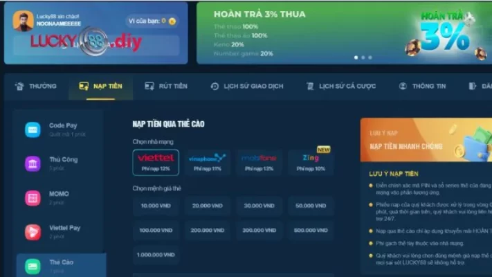 Tiến hành gửi tiền Lucky88 vào tài khoản chơi game 